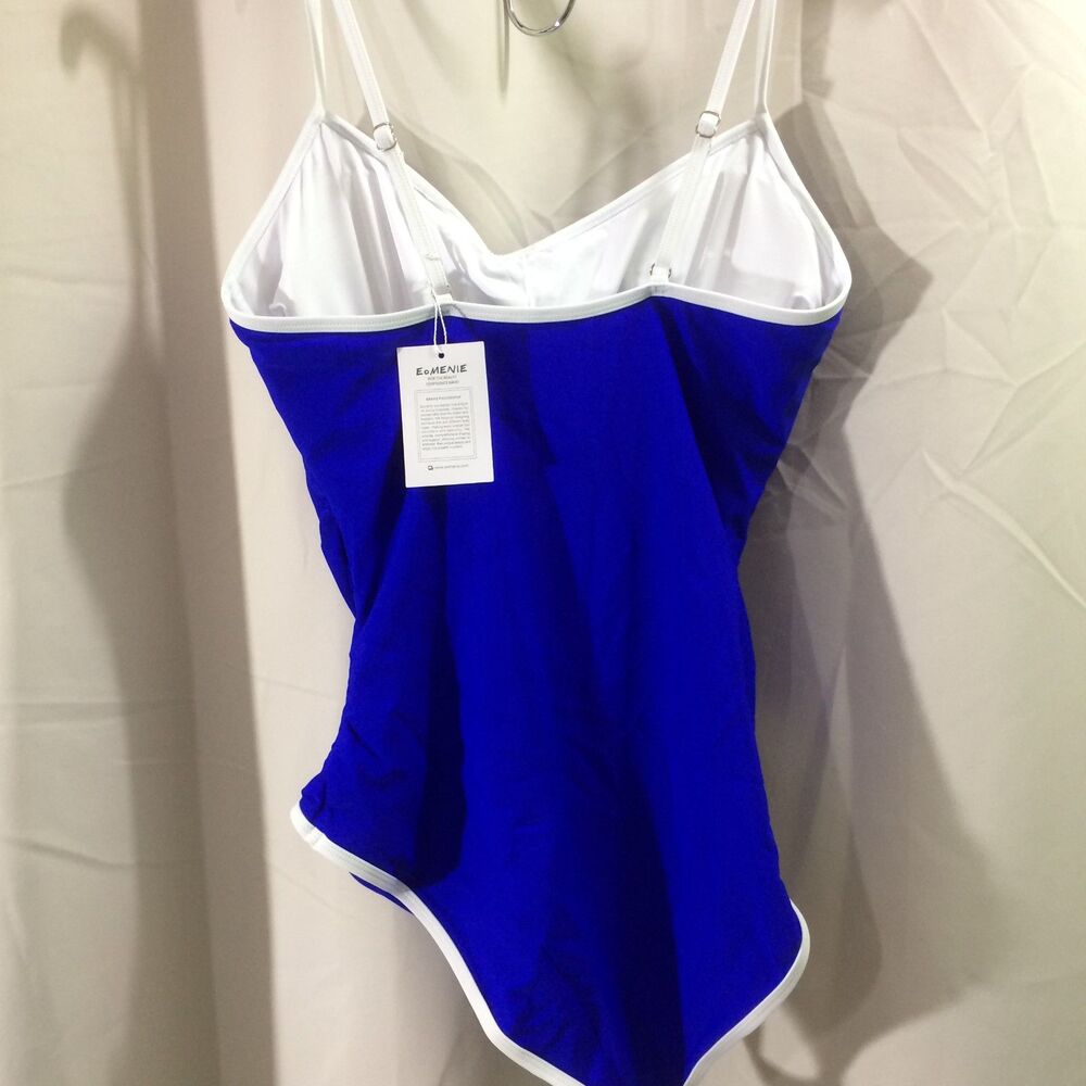 Eomenie Royal Blue One Piece Swimsuit White Trim Adjustable Straps Size Large - Picture 4 of 6